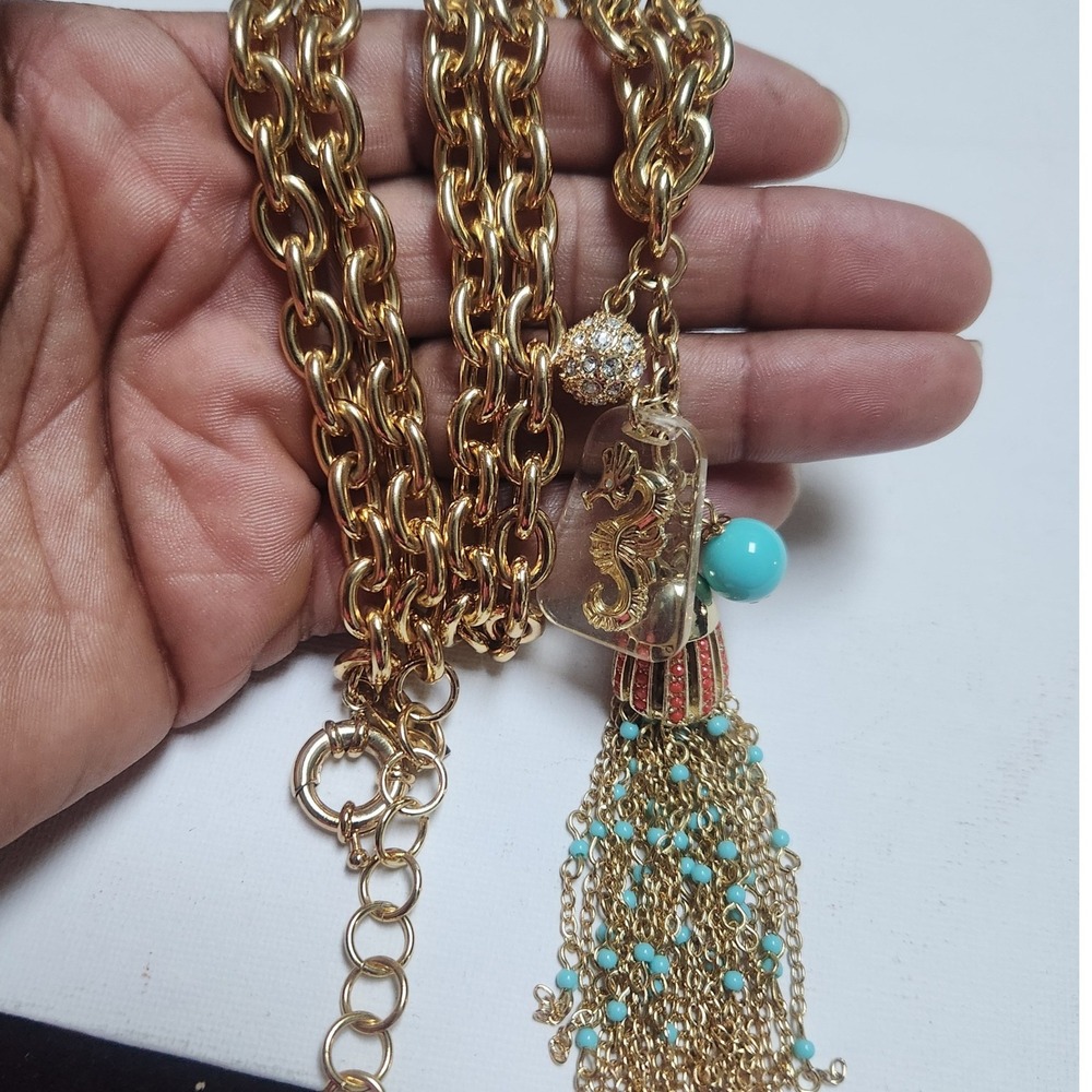 Lilly Pulitzer Gold Seahorse Tassel Statement Necklace Turquoise Coral Nautical - Picture 2 of 16